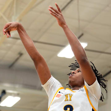 July 15, 2025; North Augusta, South Carolina, USA; NY Rens Jasiah Jervis (3) shoots the ball during the NY Rens and JL3 game at Nike EYBL Peach Jam at Riverview Park Activities Center. The NY Rens won 83-53. Mandatory Credit: Katie Goodale - Augusta Chronicle/USA TODAY NETWORK