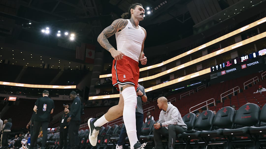 Nov 4, 2024; Houston, Texas, USA; Houston Rockets center Steven Adams (12) jogs off the court before the game against the New York Knicks at Toyota Center. Nov 4, 2024; Houston, Texas, USA; Houston Rockets center Steven Adams (12) jogs off the court before the game against the New York Knicks at Toyota Center.