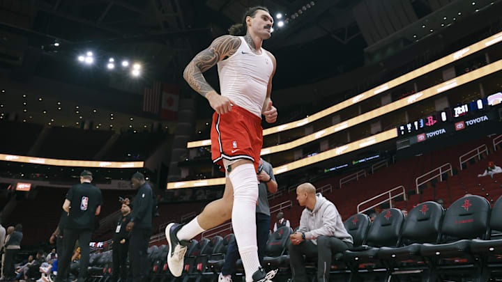 Nov 4, 2024; Houston, Texas, USA; Houston Rockets center Steven Adams (12) jogs off the court before the game against the New York Knicks at Toyota Center. Nov 4, 2024; Houston, Texas, USA; Houston Rockets center Steven Adams (12) jogs off the court before the game against the New York Knicks at Toyota Center.