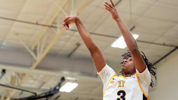 July 15, 2025; North Augusta, South Carolina, USA; NY Rens Jasiah Jervis (3) shoots the ball during the NY Rens and JL3 game at Nike EYBL Peach Jam at Riverview Park Activities Center. The NY Rens won 83-53. Mandatory Credit: Katie Goodale - Augusta Chronicle/USA TODAY NETWORK
