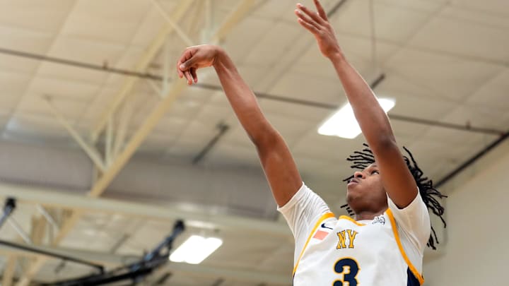 July 15, 2025; North Augusta, South Carolina, USA; NY Rens Jasiah Jervis (3) shoots the ball during the NY Rens and JL3 game at Nike EYBL Peach Jam at Riverview Park Activities Center. The NY Rens won 83-53. Mandatory Credit: Katie Goodale - Augusta Chronicle/USA TODAY NETWORK