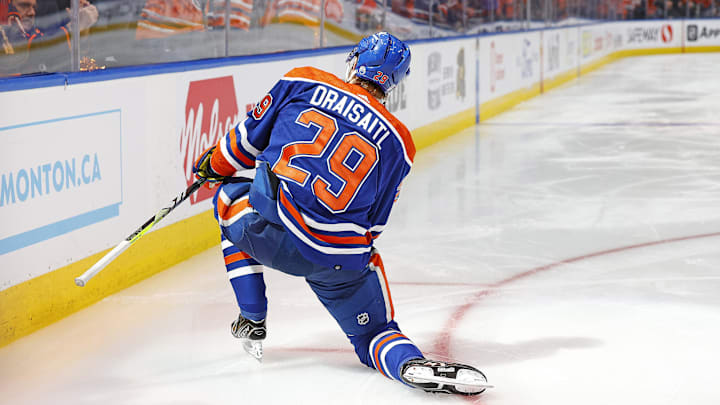 Apr 22, 2024; Edmonton, Alberta, CAN; Edmonton Oilers forward Leon Draisaitl (29) celebrates after scoring a goal during the third period against the Los Angeles Kings in game one of the first round of the 2024 Stanley Cup Playoffs at Rogers Place. Mandatory Credit: Perry Nelson-Imagn Images