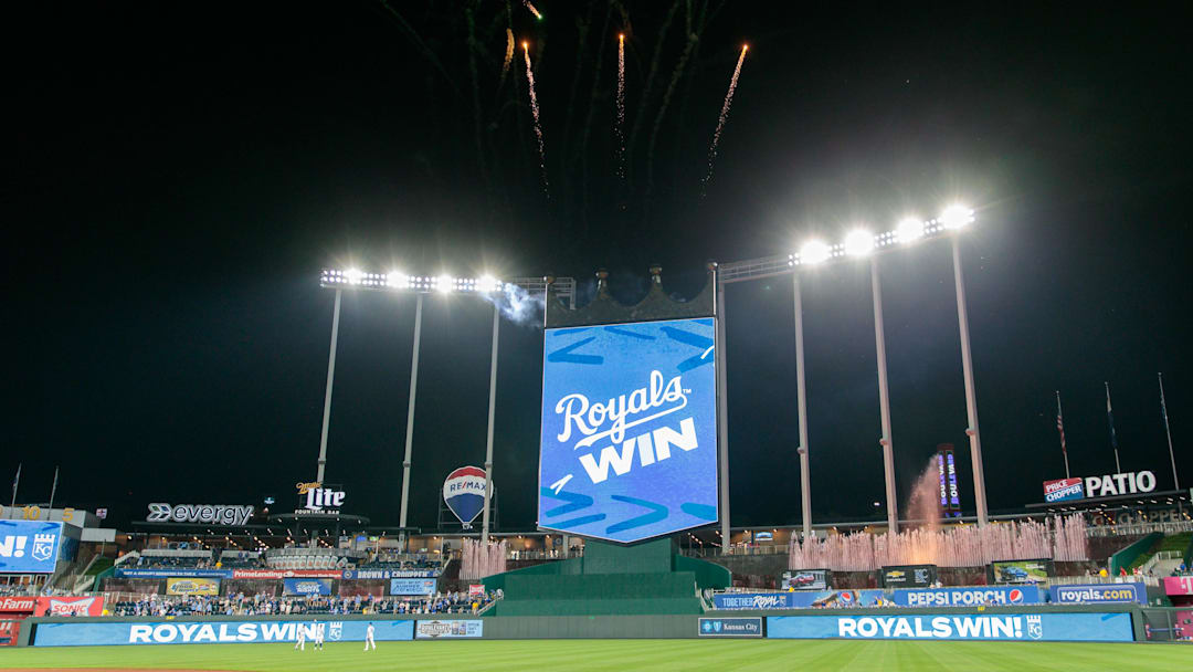 May 18, 2022; Kansas City, Missouri, USA; Kansas City Royals scoreboard and fireworks after the game against the Chicago White Sox at Kauffman Stadium. Mandatory Credit: William Purnell-Imagn Images