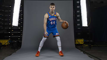 Sep 29, 2025; Oklahoma City, OK, USA; Oklahoma City Thunder guard Nikola Topic (44) poses for a photo during the 2025 Oklahoma City Thunder media day at Paycom Center. Mandatory Credit: Alonzo Adams-Imagn Images