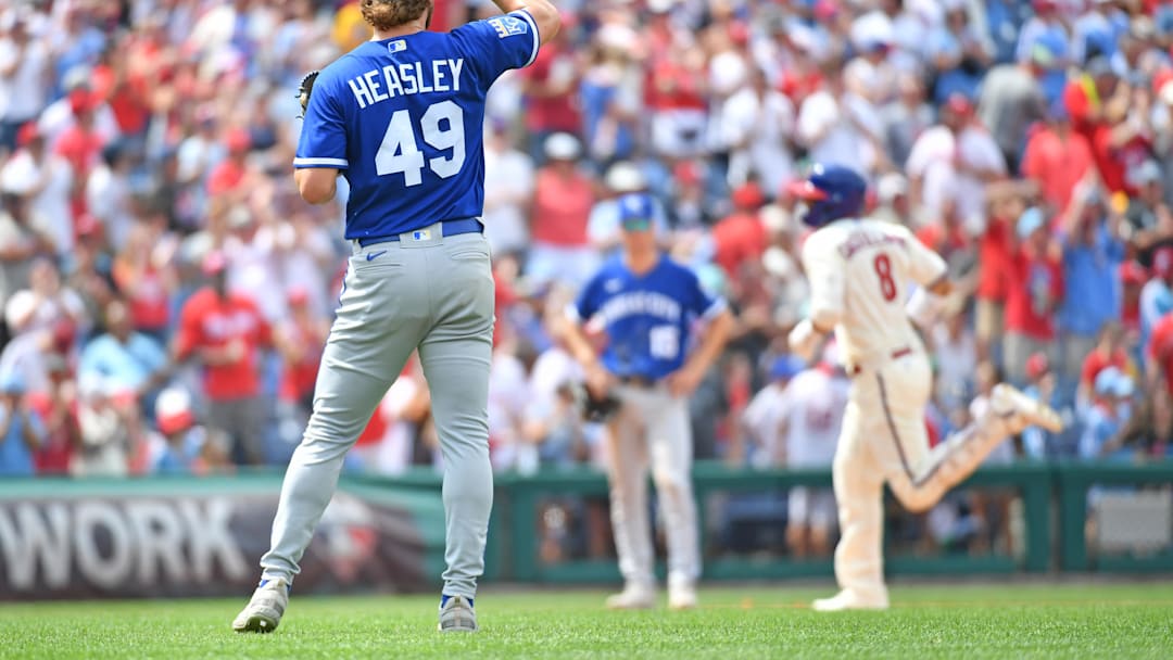 Aug 6, 2023; Philadelphia, Pennsylvania, USA; Kansas City Royals relief pitcher Jonathan Heasley (49) reacts after allowing a home run to Philadelphia Phillies right fielder Nick Castellanos (8) during the fifth inning at Citizens Bank Park. Mandatory Credit: Eric Hartline-Imagn Images