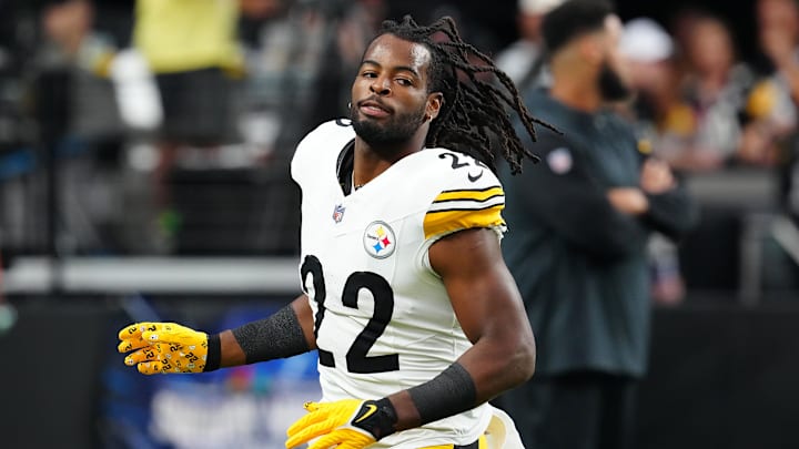 Sep 24, 2023; Paradise, Nevada, USA; Pittsburgh Steelers running back Najee Harris (22) warms up before a game against the Las Vegas Raiders at Allegiant Stadium. Mandatory Credit: Stephen R. Sylvanie-Imagn Images