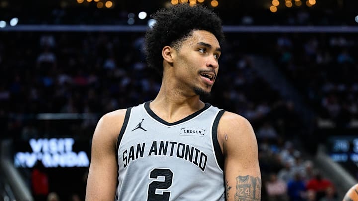 Apr 2, 2026; Inglewood, California, USA; San Antonio Spurs guard Dylan Harper (2) reacts after scoring during the second half against the Los Angeles Clippers at Intuit Dome. Mandatory Credit: William Liang-Imagn Images