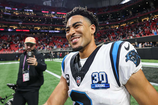 Carolina Panthers quarterback Bryce Young (9) celebrates after a victory over the Atlanta Falcons to end the season.