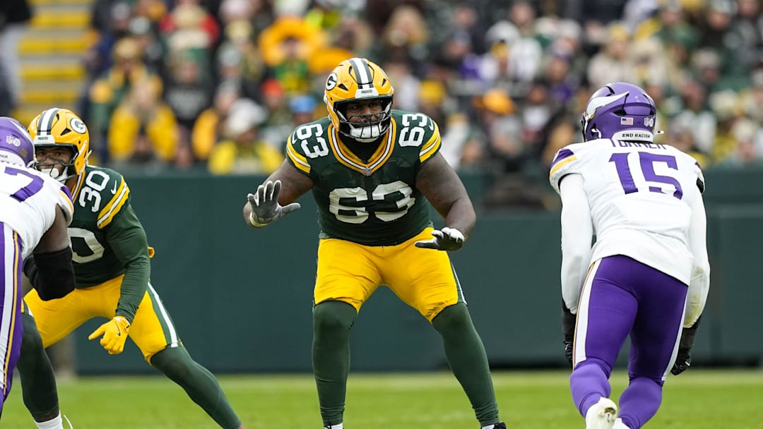 Nov 23, 2025; Green Bay, Wisconsin, USA;  Green Bay Packers offensive tackle Rasheed Walker (63) during the game against the Minnesota Vikings at Lambeau Field. Mandatory Credit: Jeff Hanisch-Imagn Images