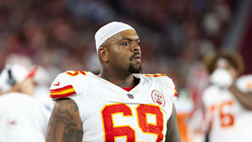 Aug 9, 2025; Glendale, Arizona, USA; Kansas City Chiefs defensive tackle Mike Pennel (69) against the Arizona Cardinals during a preseason NFL game at State Farm Stadium. Mandatory Credit: Mark J. Rebilas-Imagn Images