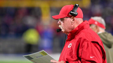 Nov 2, 2025; Orchard Park, New York, USA; Kansas City Chiefs head coach Andy Reid looks on in the second quarter against the Buffalo Bills at Highmark Stadium. Mandatory Credit: Mark Konezny-Imagn Images