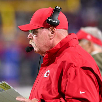 Nov 2, 2025; Orchard Park, New York, USA; Kansas City Chiefs head coach Andy Reid looks on in the second quarter against the Buffalo Bills at Highmark Stadium. Mandatory Credit: Mark Konezny-Imagn Images