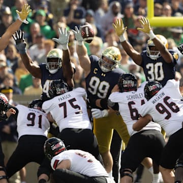 Notre Dame's defense attempts to block a Northern Illinois field goal during a NCAA college football game between Notre Dame and Northern Illinois at Notre Dame Stadium on Saturday, Sept. 7, 2024, in South Bend.