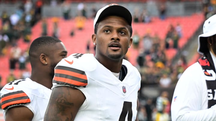 Aug 10, 2024; Cleveland, Ohio, USA; Cleveland Browns quarterback Deshaun Watson (4) after the game against the Green Bay Packers at Cleveland Browns Stadium. Mandatory Credit: Ken Blaze-USA TODAY Sports