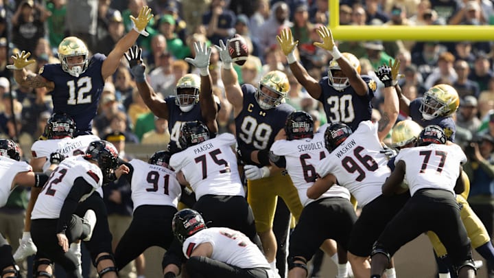 Notre Dame's defense attempts to block a Northern Illinois field goal during a NCAA college football game between Notre Dame and Northern Illinois at Notre Dame Stadium on Saturday, Sept. 7, 2024, in South Bend.