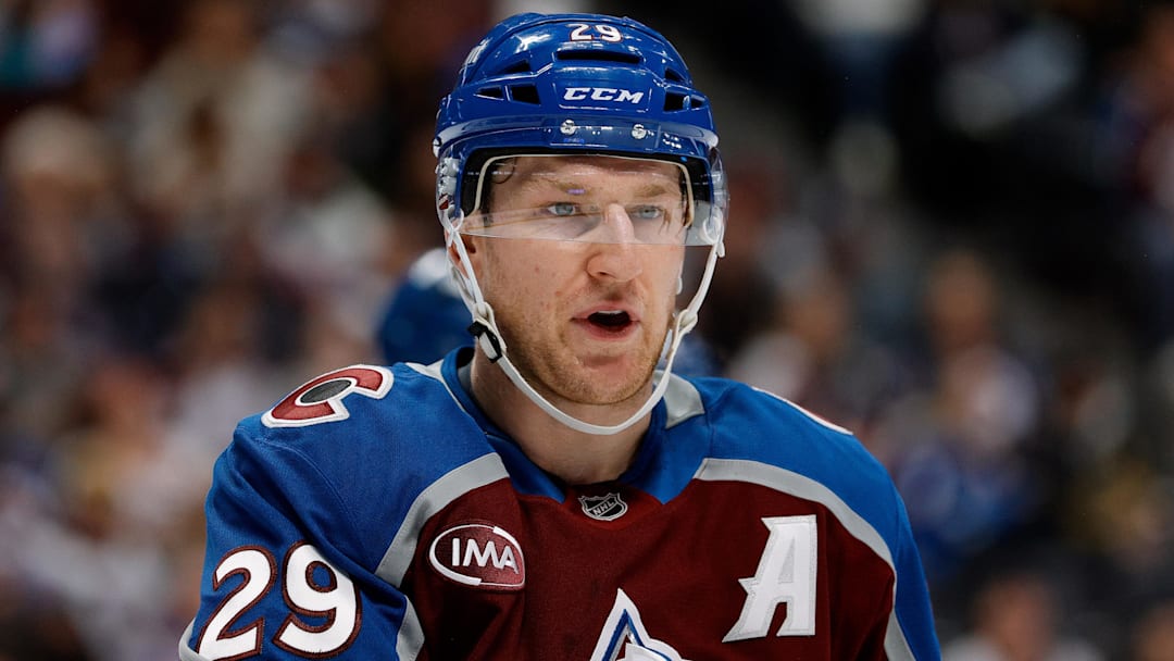 Nov 11, 2025; Denver, Colorado, USA; Colorado Avalanche center Nathan MacKinnon (29) in the first period against the Anaheim Ducks at Ball Arena. Mandatory Credit: Isaiah J. Downing-Imagn Images