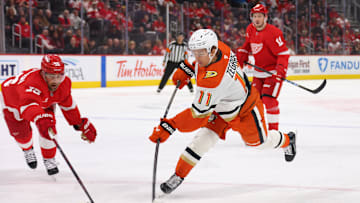 Trevor Zegras (11) snaps a shot for the Anaheim Ducks as they take on the Detroit Red Wings.