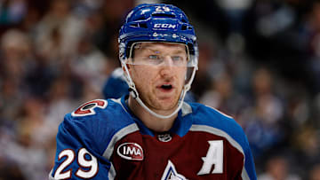 Nov 11, 2025; Denver, Colorado, USA; Colorado Avalanche center Nathan MacKinnon (29) in the first period against the Anaheim Ducks at Ball Arena. Mandatory Credit: Isaiah J. Downing-Imagn Images