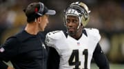 Aug 26, 2016; New Orleans Saints defensive back Roman Harper (41) talks to defensive coordinator Dennis Allen 