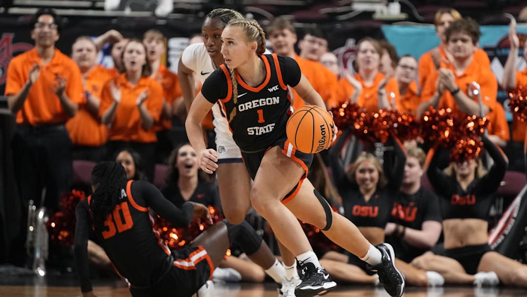 March 10, 2025; Las Vegas, NV, USA; Oregon State Beavers guard Kennedie Shuler (1) dribbles the basketball against the Gonzaga Bulldogs during the first half in the semifinal of the West Coast Conference tournament at Orleans Arena. Mandatory Credit: Kyle Terada-Imagn Images