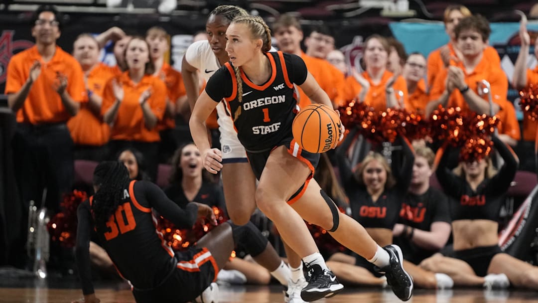 March 10, 2025; Las Vegas, NV, USA; Oregon State Beavers guard Kennedie Shuler (1) dribbles the basketball against the Gonzaga Bulldogs during the first half in the semifinal of the West Coast Conference tournament at Orleans Arena. Mandatory Credit: Kyle Terada-Imagn Images