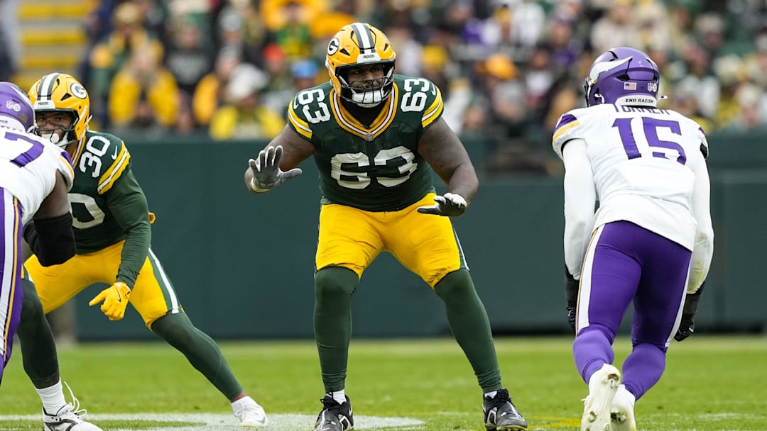 Nov 23, 2025; Green Bay, Wisconsin, USA;  Green Bay Packers offensive tackle Rasheed Walker (63) during the game against the Minnesota Vikings at Lambeau Field. Mandatory Credit: Jeff Hanisch-Imagn Images