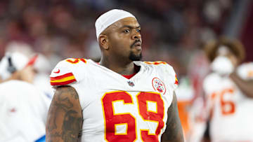 Aug 9, 2025; Glendale, Arizona, USA; Kansas City Chiefs defensive tackle Mike Pennel (69) against the Arizona Cardinals during a preseason NFL game at State Farm Stadium. Mandatory Credit: Mark J. Rebilas-Imagn Images