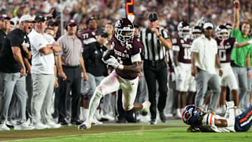 Aug 30, 2025; College Station, Texas, USA; Texas A&M Aggies wide receiver Mario Craver (1) running with the football in the second half against the UTSA Roadrunners at Kyle Field. Mandatory Credit: Sean Thomas-Imagn Images