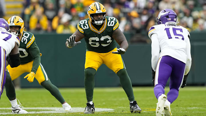 Nov 23, 2025; Green Bay, Wisconsin, USA;  Green Bay Packers offensive tackle Rasheed Walker (63) during the game against the Minnesota Vikings at Lambeau Field. Mandatory Credit: Jeff Hanisch-Imagn Images