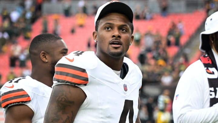 Aug 10, 2024; Cleveland, Ohio, USA; Cleveland Browns quarterback Deshaun Watson (4) after the game against the Green Bay Packers at Cleveland Browns Stadium.