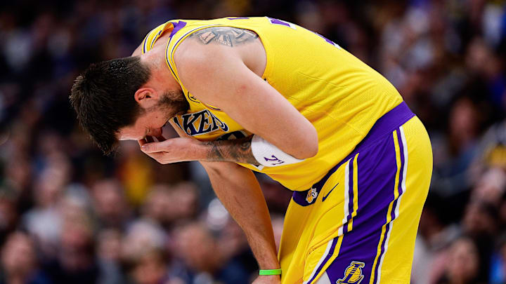 Mar 5, 2026; Denver, Colorado, USA; Los Angeles Lakers guard Luka Doncic (77) reacts after a play in the first quarter against the Denver Nuggets at Ball Arena. Mandatory Credit: Isaiah J. Downing-Imagn Images