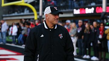 Nov 30, 2024; Lubbock, Texas, USA;  Texas Tech Red Raiders head coach Joey McGuire before a game against the West Virginia Mountaineers at Jones AT&T Stadium and Cody Campbell Field. Mandatory Credit: Michael C. Johnson-Imagn Images