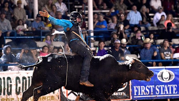 Calvary Norris of Bryan stays aboard during Bull Riding at Stamford’s Texas Cowboy Reunion Wednesday July 2, 2025.
