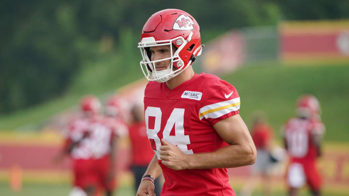 Jul 27, 2022; St. Joseph, MO, USA; Kansas City Chiefs wide receiver Justin Watson (84) runs drills during training camp at Missouri Western State University. Mandatory Credit: Denny Medley-USA TODAY Sports