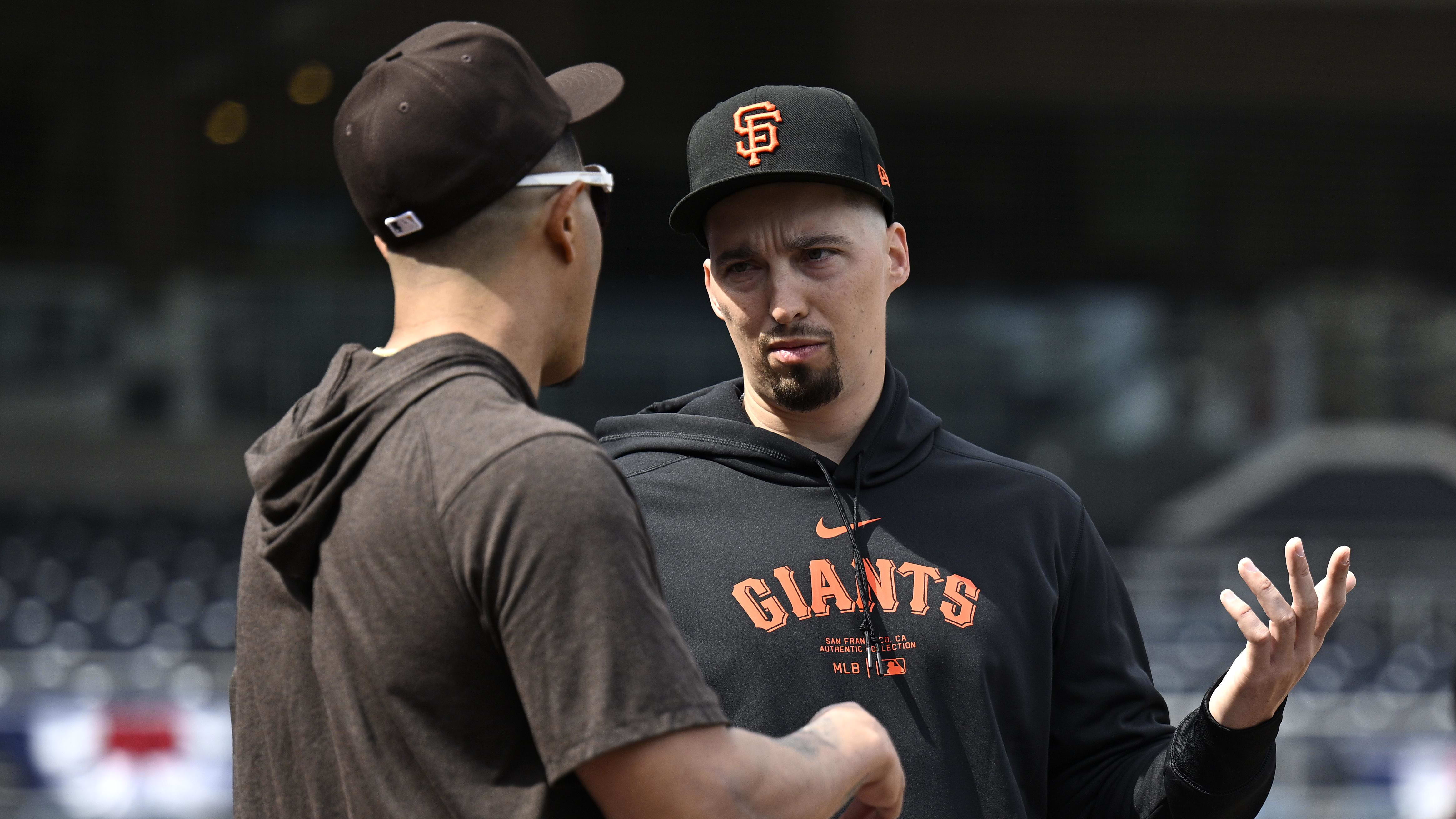 Mar 28, 2024; San Diego, California, USA; San Francisco Giants starting pitcher Blake Snell (right).