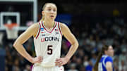 Mar 24, 2025; Storrs, Connecticut, USA; UConn Huskies guard Paige Bueckers (5) on the court against the South Dakota State Jackrabbits in the first half at Harry A. Gampel Pavilion. Mandatory Credit: David Butler II-Imagn Images