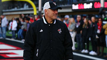 Nov 30, 2024; Lubbock, Texas, USA;  Texas Tech Red Raiders head coach Joey McGuire before a game against the West Virginia Mountaineers at Jones AT&T Stadium and Cody Campbell Field. Mandatory Credit: Michael C. Johnson-Imagn Images