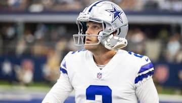 Oct 3, 2021; Arlington, Texas, USA; Former Dallas Cowboys kicker Greg Zuerlein (2) against the Carolina Panthers at AT&T Stadium. 