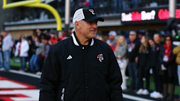 Nov 30, 2024; Lubbock, Texas, USA;  Texas Tech Red Raiders head coach Joey McGuire before a game against the West Virginia Mountaineers at Jones AT&T Stadium and Cody Campbell Field. Mandatory Credit: Michael C. Johnson-Imagn Images