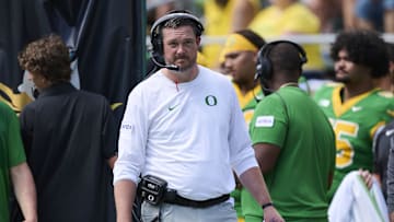 Aug 30, 2025; Eugene, Oregon, USA; Oregon Ducks head coach Dan Lanning walks the sidelines during the first half in a game against the Montana State Bobcats at Autzen Stadium. Mandatory Credit: Troy Wayrynen-Imagn Images