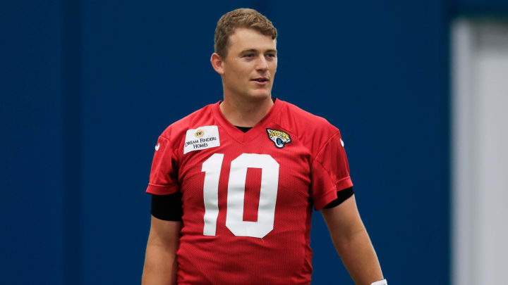 Jacksonville Jaguars quarterback Mac Jones looks on during the second day of a mandatory minicamp Tuesday, June 11, 2024 at EverBank Stadium’s Miller Electric Center in Jacksonville, Fla.