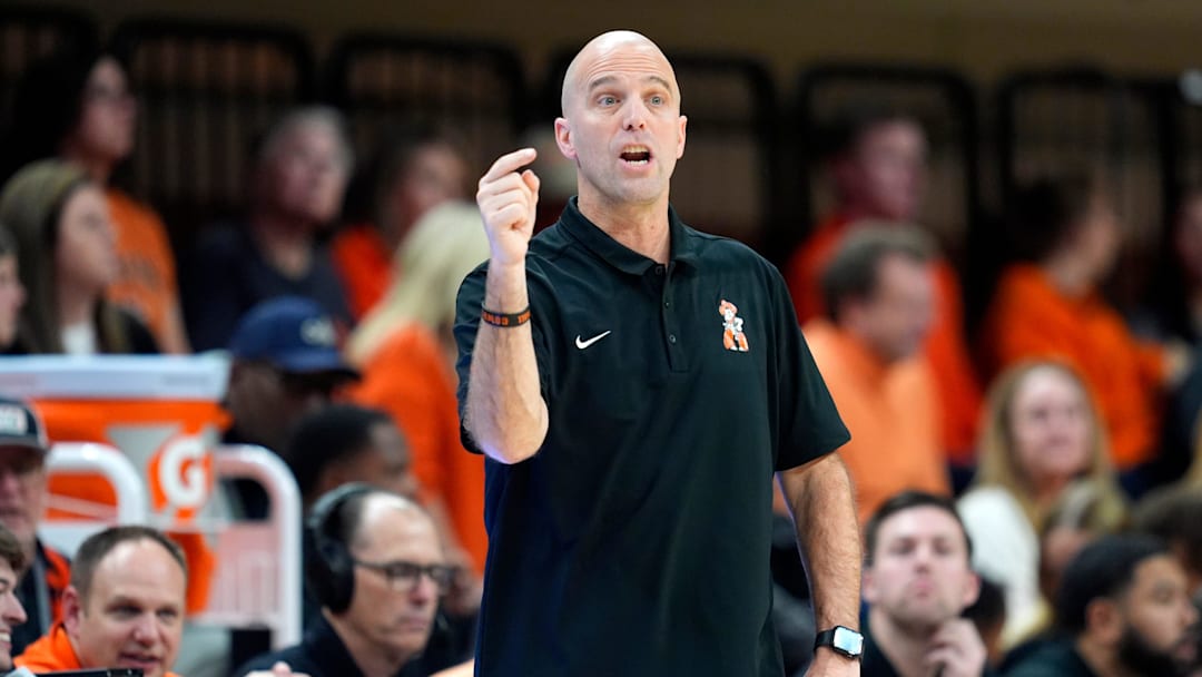 Oklahoma State coach Steve Lutz during a men's BIG 12 basketball game between the Oklahoma State University Cowboys (OSU) and the Kansas State Wildcats at Gallagher-Iba Arena in Stillwater, Okla., Tuesday, Jan. 7, 2025. Oklahoma State won 79-66, Oklahoma State coach Steve Lutz during a men's BIG 12 basketball game between the Oklahoma State University Cowboys (OSU) and the Kansas State Wildcats at Gallagher-Iba Arena in Stillwater, Okla., Tuesday, Jan. 7, 2025. Oklahoma State won 79-66,