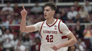 Mar 1, 2025; Stanford, California, USA;  Stanford Cardinal forward Maxime Raynaud (42) signals during the second half against the Southern Methodist Mustangs at Maples Pavilion. Mandatory Credit: Stan Szeto-Imagn Images
