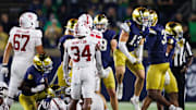 Notre Dame safety Ben Minich (13) celebrates getting a sack during a NCAA college football game between Notre Dame and Stanford at Notre Dame Stadium on Saturday, Oct. 12, 2024, in South Bend.