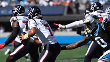Oct 29, 2023; Charlotte, North Carolina, USA; Carolina Panthers linebacker Brian Burns (0) sacks