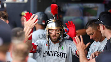 May 27, 2025; Tampa, Florida, USA; Minnesota Twins second baseman Kody Clemens (18) celebrates after hitting a home run against the Tampa Bay Rays in the second inning at George M. Steinbrenner Field. Mandatory Credit: Nathan Ray Seebeck-Imagn Images