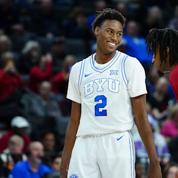 Nov 24, 2023; Las Vegas, NV, USA; Brigham Young Cougars guard Jaxson Robinson (2) and North Carolina State Wolfpack guard Jayden Taylor (1) await an inbounds play during the second half at Michelob ULTRA Arena. Mandatory Credit: Stephen R. Sylvanie-Imagn Images