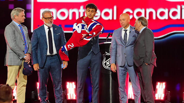 Jun 28, 2024; Las Vegas, Nevada, USA; Michael Hage is selected by the Montreal Canadiens with the 21st overall pick in the first round of the 2024 NHL Draft at The Sphere. Mandatory Credit: Stephen R. Sylvanie-Imagn Images Jun 28, 2024; Las Vegas, Nevada, USA; Michael Hage is selected by the Montreal Canadiens with the 21st overall pick in the first round of the 2024 NHL Draft at The Sphere. Mandatory Credit: Stephen R. Sylvanie-Imagn Images