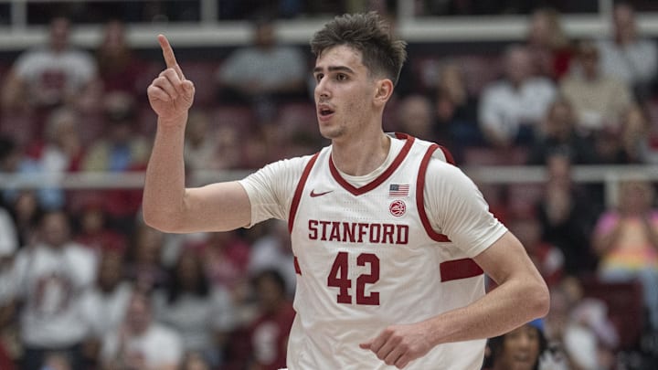Mar 1, 2025; Stanford, California, USA; Stanford Cardinal forward Maxime Raynaud (42) signals during the second half against the Southern Methodist Mustangs at Maples Pavilion. Mandatory Credit: Stan Szeto-Imagn Images Mar 1, 2025; Stanford, California, USA; Stanford Cardinal forward Maxime Raynaud (42) signals during the second half against the Southern Methodist Mustangs at Maples Pavilion. Mandatory Credit: Stan Szeto-Imagn Images