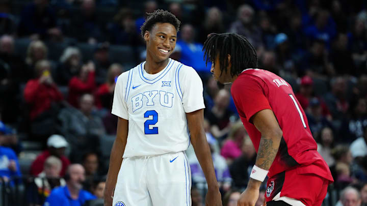 Nov 24, 2023; Las Vegas, NV, USA; Brigham Young Cougars guard Jaxson Robinson (2) and North Carolina State Wolfpack guard Jayden Taylor (1) await an inbounds play during the second half at Michelob ULTRA Arena. Mandatory Credit: Stephen R. Sylvanie-Imagn Images